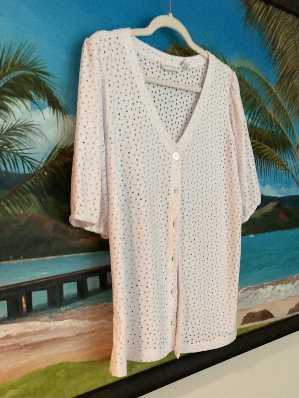 Susan Graver Light Weight Eyelet Button-Front Top, elbow sleeve